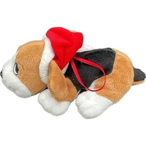 Holiday Beanie Plush Puppy Dog Santa Hat Red Ribbon Embroidered Design By PP - Picture 4 of 7